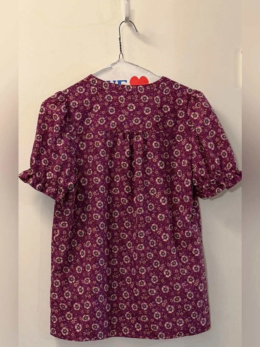 J. Crew Purple Floral Button-Front Puff Sleeve Top